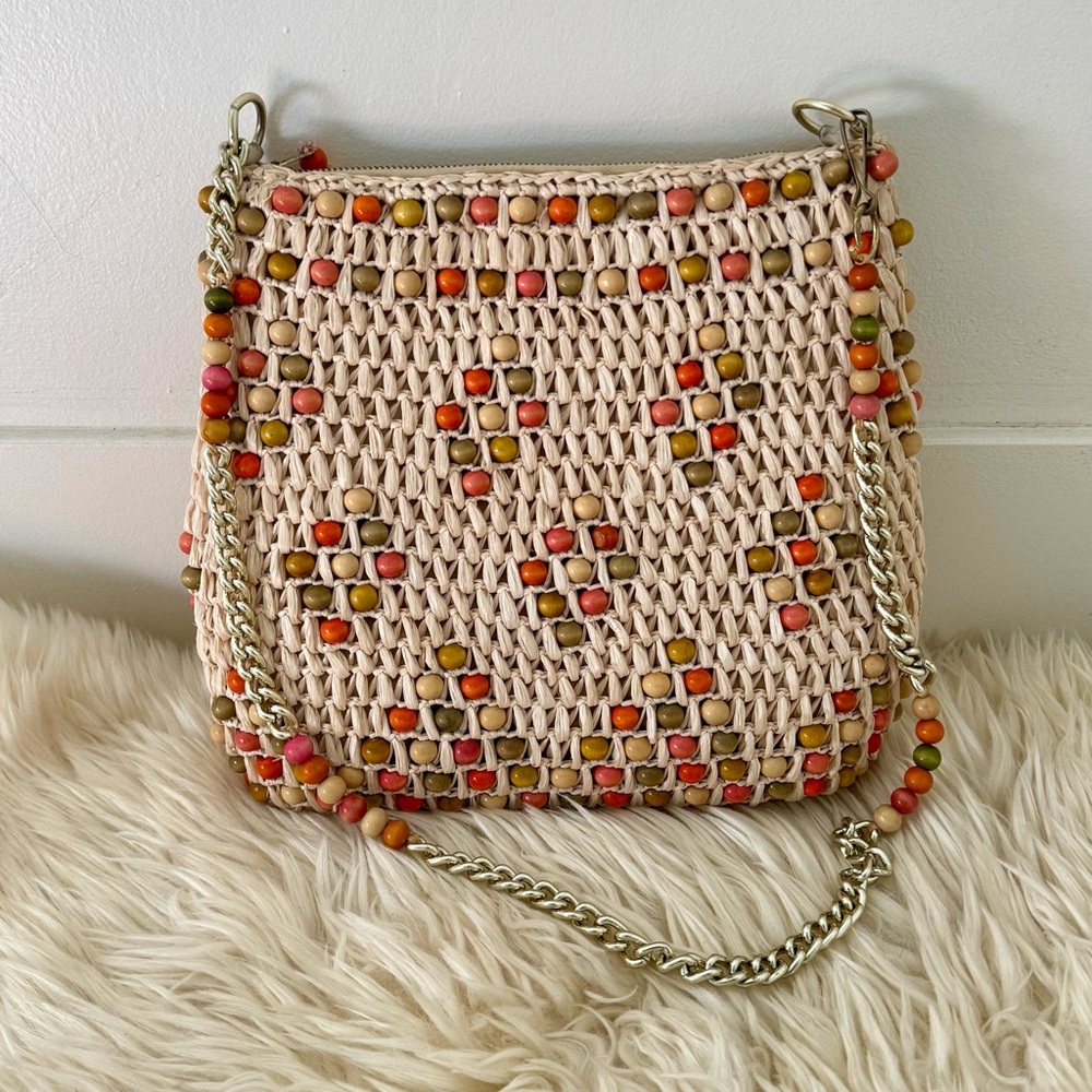 Vintage 1970s Beaded Crochet Rattan Summer Purse Bag by Marcus Brothers of Miami